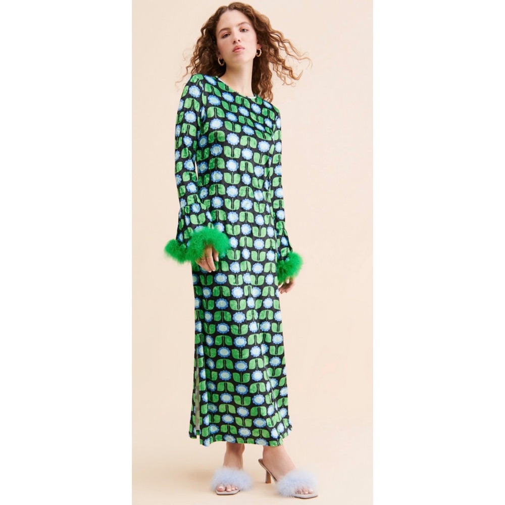 Anna Sui Daisies Velvet Maxi Dress Women Medium Green Blue Fur Trim Long Sleeve